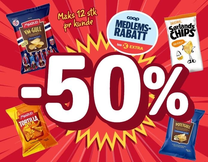 Extra slår til med HALV PRIS på potetgull for Coop-medlemmer