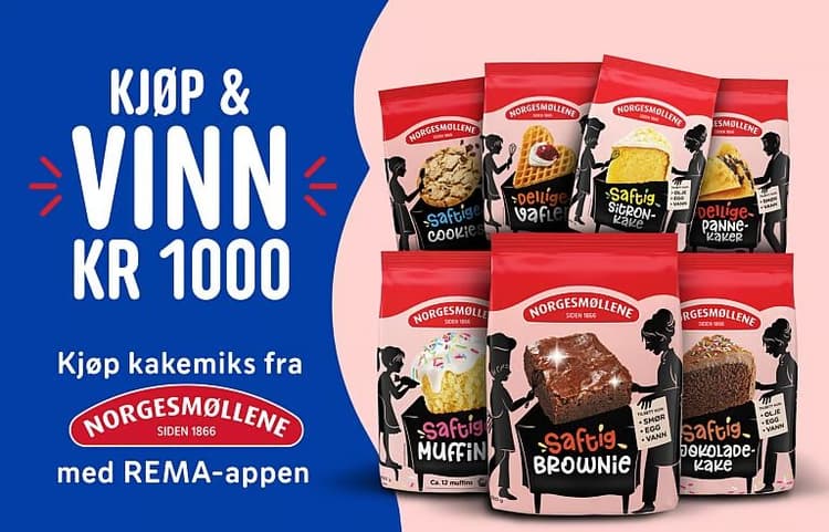 Kjøp kakemiks fra Norgesmøllene og vinn gavekort på 1 000 kr - hele 50x vinnere