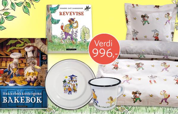 Få Thorbjørn Egner-pakke med sengesett, bøker, kopp og tallerken