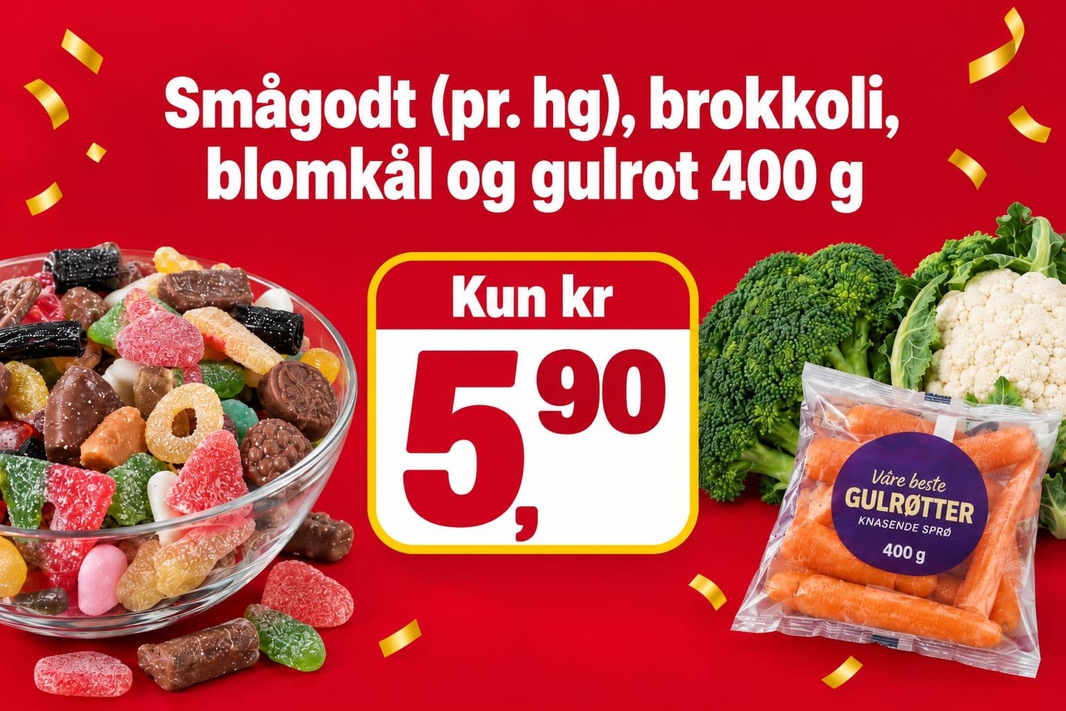 KUN I DAG: Extra slår til med kr 5,90/hg for smågodt og kr 5,90 for blomkål, brokkoli og gulrot